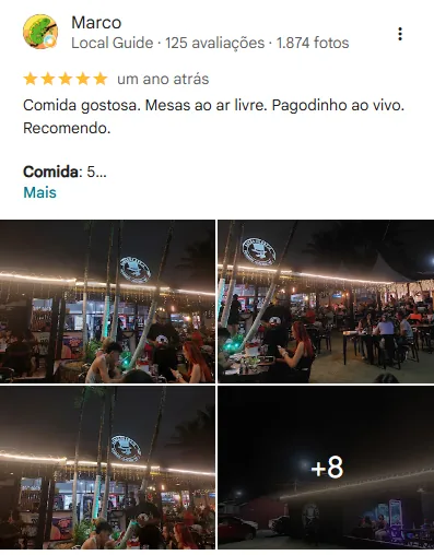 Avaliação cinco estrelas de Marco sobre comida gostosa, mesas ao ar livre e pagodinho ao vivo