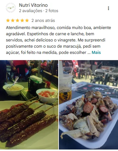Avaliação cinco estrelas de Nutri Vitório sobre atendimento, comida e música