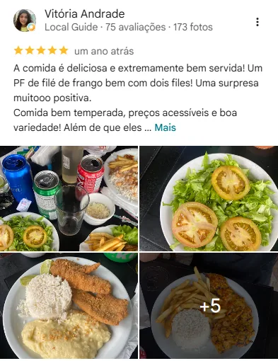 Avaliação cinco estrelas de Vitória sobre comida, música e atendimento