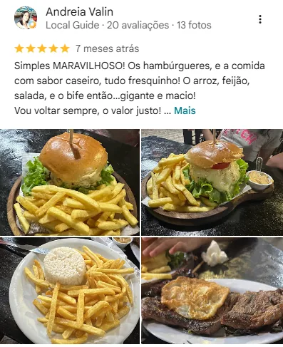 Avaliação cinco estrelas de Andreia sobre hambúrgueres, comida e atendimento